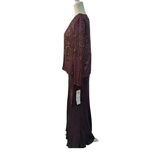 Adrianna Papell 3 Pc Set Silk Embellish Top Skirt Jacket Wedding Party Plum Sz10
